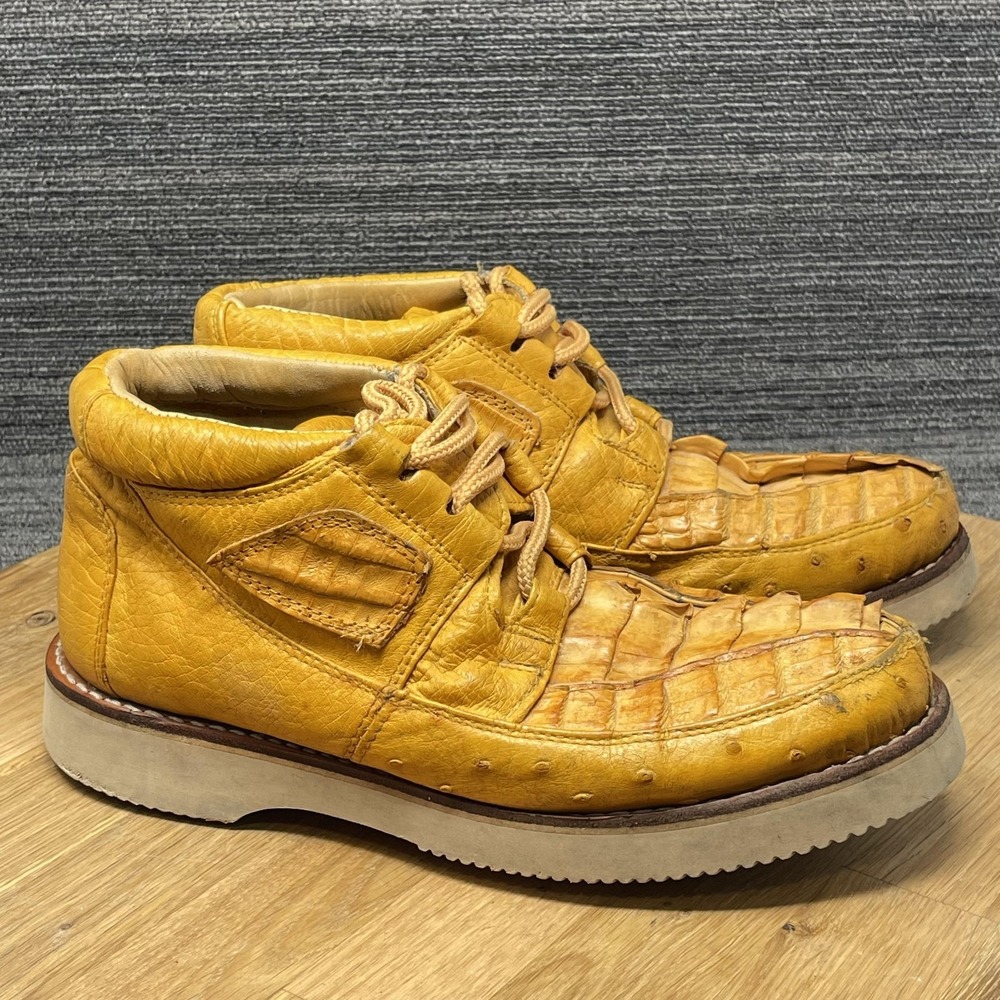 King Exotic Caiman Ostrich Boots Men 7 Yellow Leather Lace Up Exotic Skins Shoes
